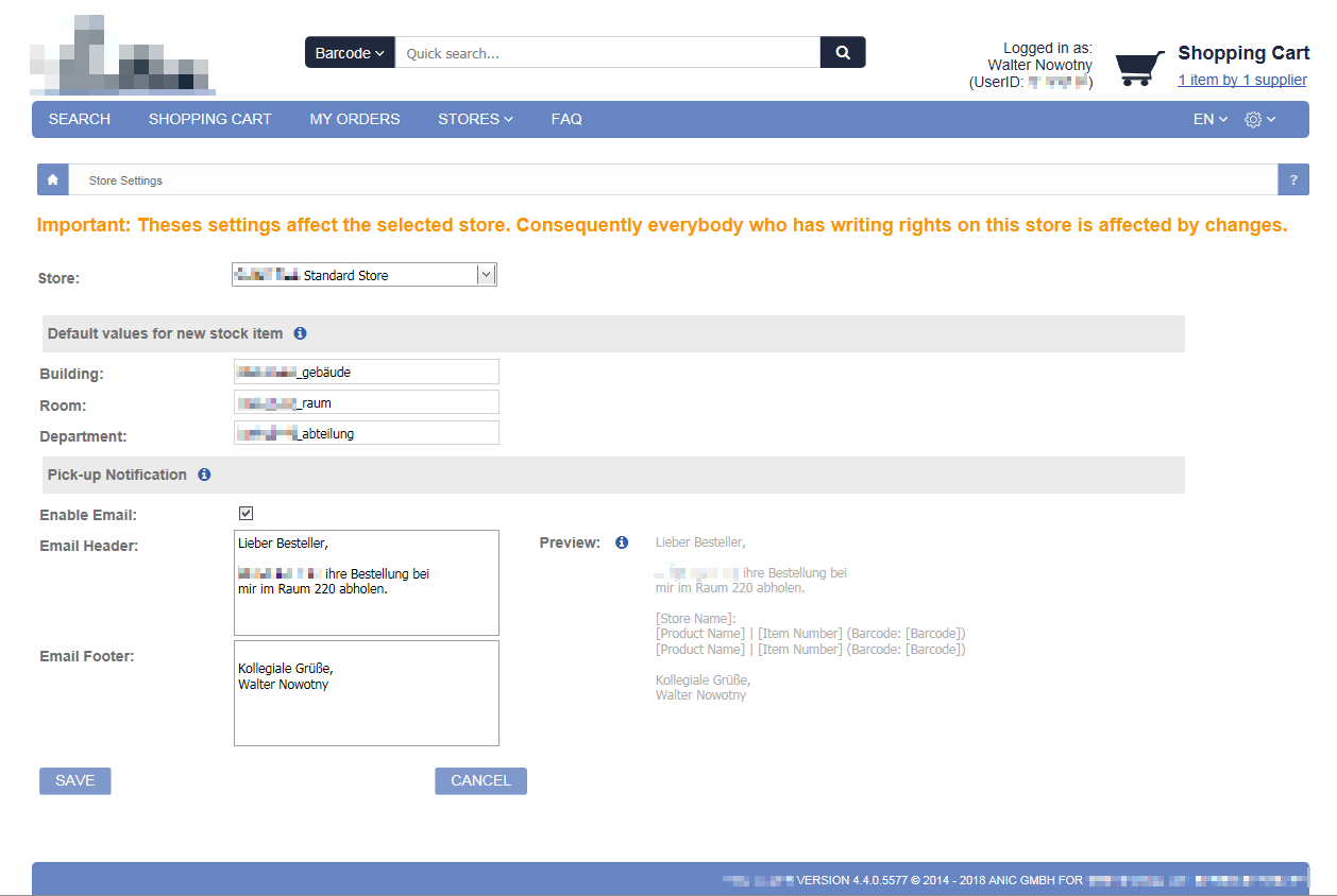 Email configuration of pick-up notifications per store in our ordering and management software for chemicals with structural search