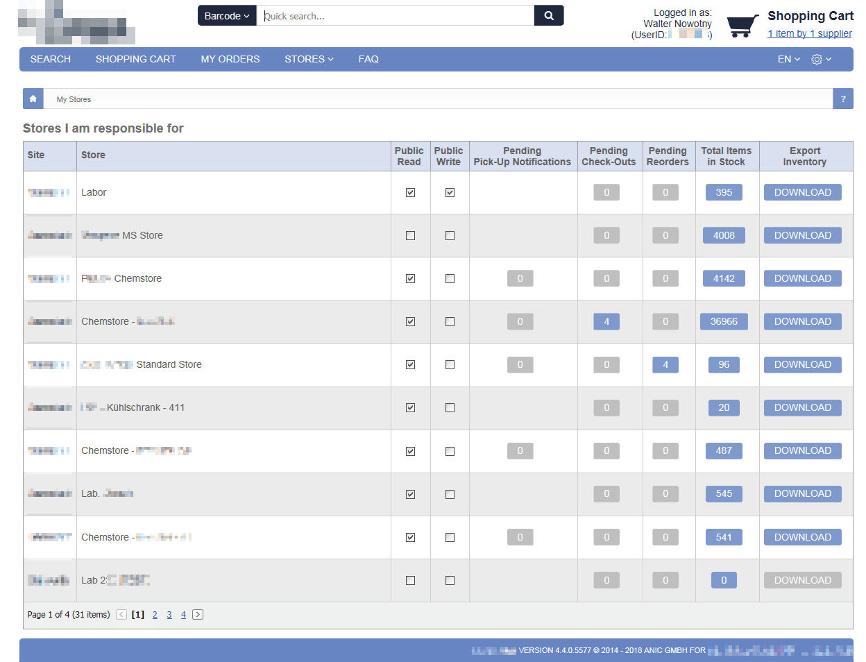 Pick-up notifications per store in the overview of our ordering and management software for chemicals with structural search