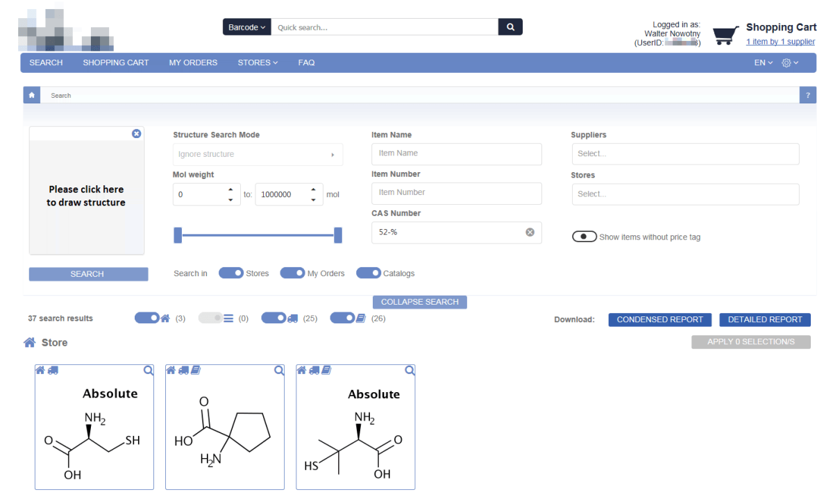 View of the home page of our ordering and management software for chemicals with structural search