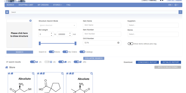 View of the home page of our ordering and management software for chemicals with structural search
